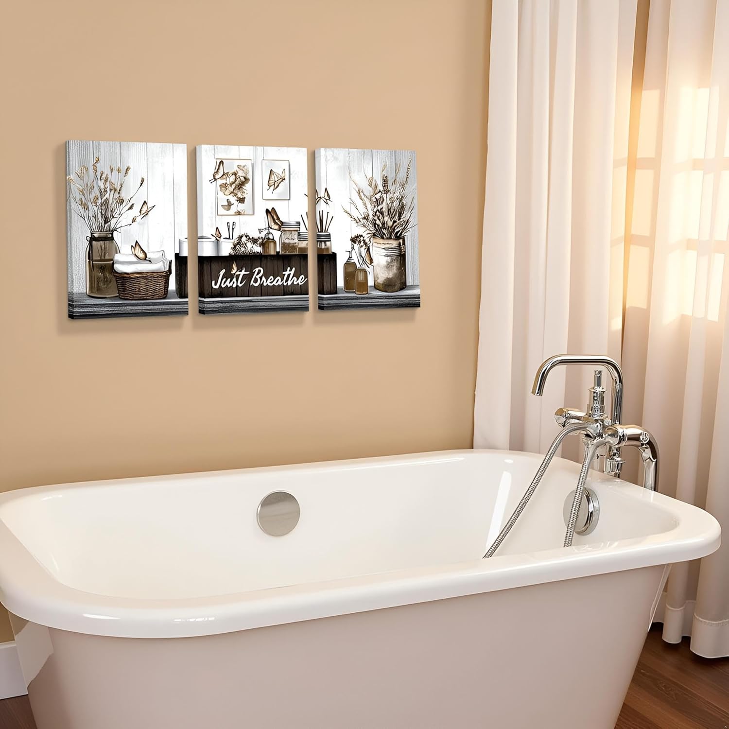 RnnJoile Brown Bathroom Decor Botanical Pictures Wall Art Just Breathe Sign Canvas Painting for Bathroom Wall Decor 12"x16" Each (Brown)