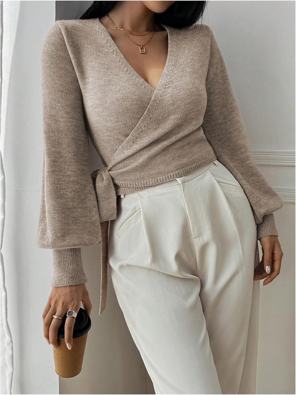 Womens Fall Wrap Sweater Long Sleeve Pullover Casual V Neck Slim Fit Fashion Knit Crop Top Wrap Top Sweater - Image 4