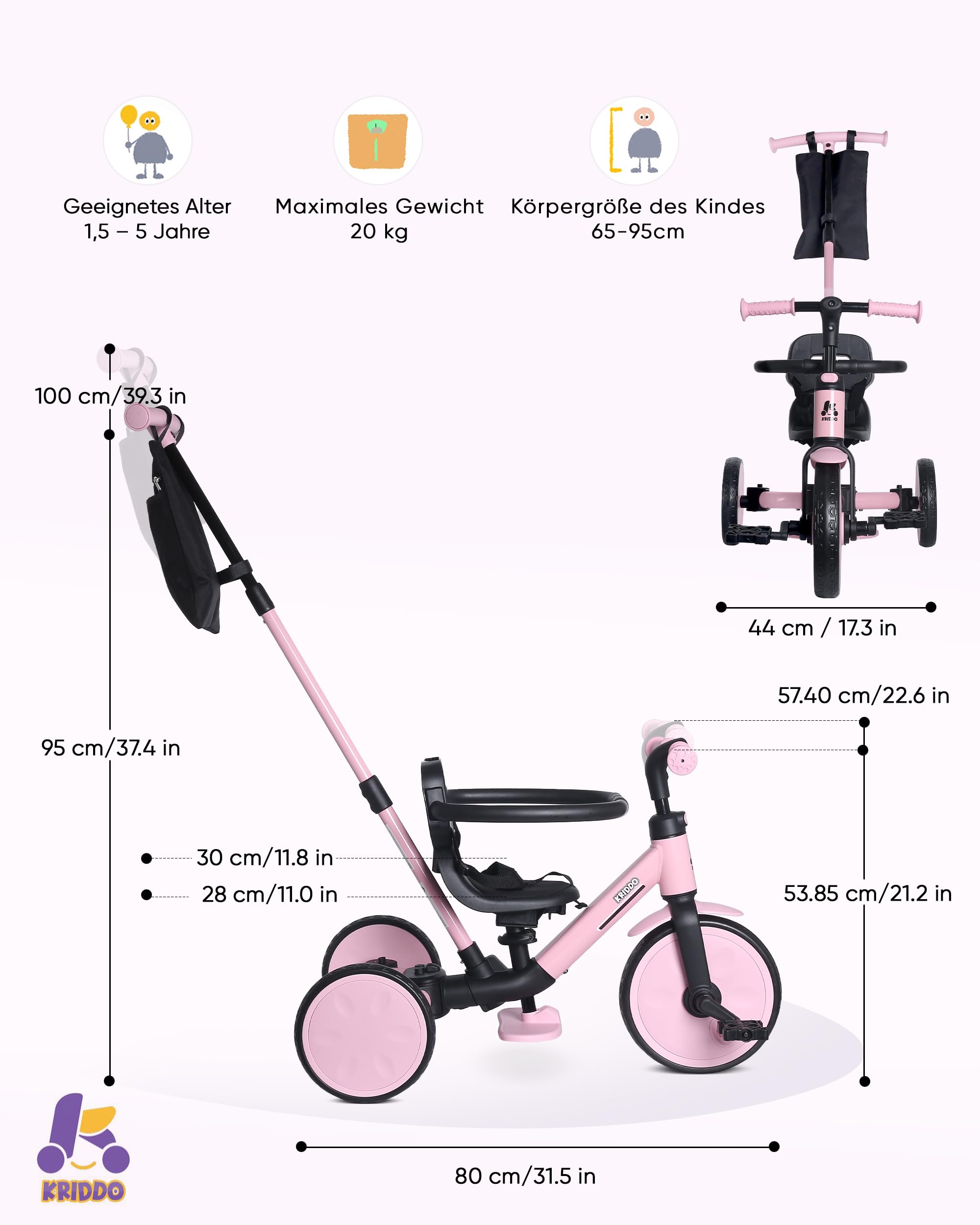 KRIDDO 7-in-1 Kinderdreirad für 1,5–5 Jahre, umwandelbares Baby-Dreirad mit Schubstange, Lenkdreirad & Laufrad, 3-Punkt-Gurt und Aufbewahrungstasche, für Jungen und Mädchen, Rosa
