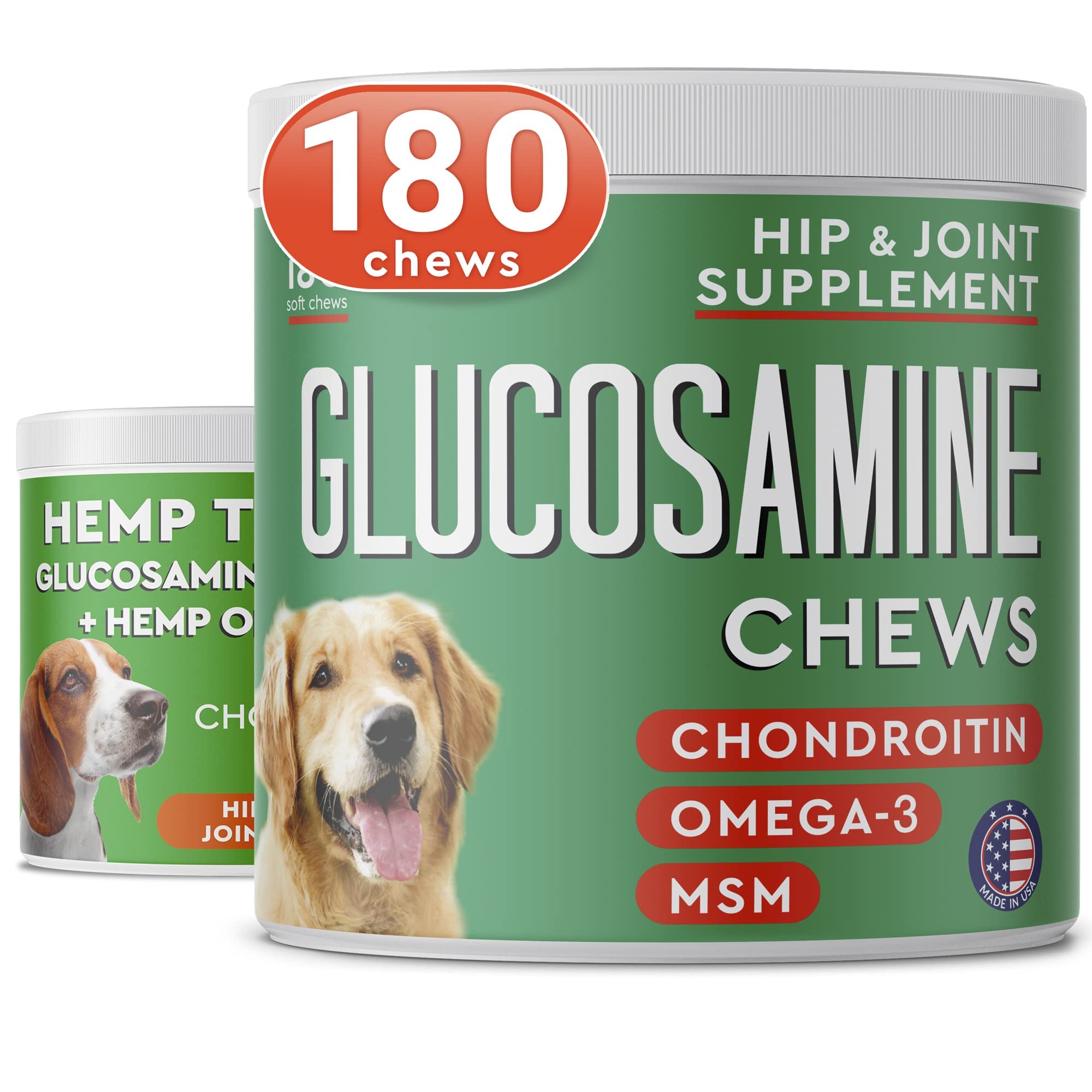 Hemp + Glucosamine Dog Treats for Picky Eaters Bundle + Hip & Joint Supplement w/Hemp Oil Chondroitin MSM Turmeric + Omega-3 - Natural Pain Relief + Chicken Flavor - 120 +180 Soft Chews - Made in USA