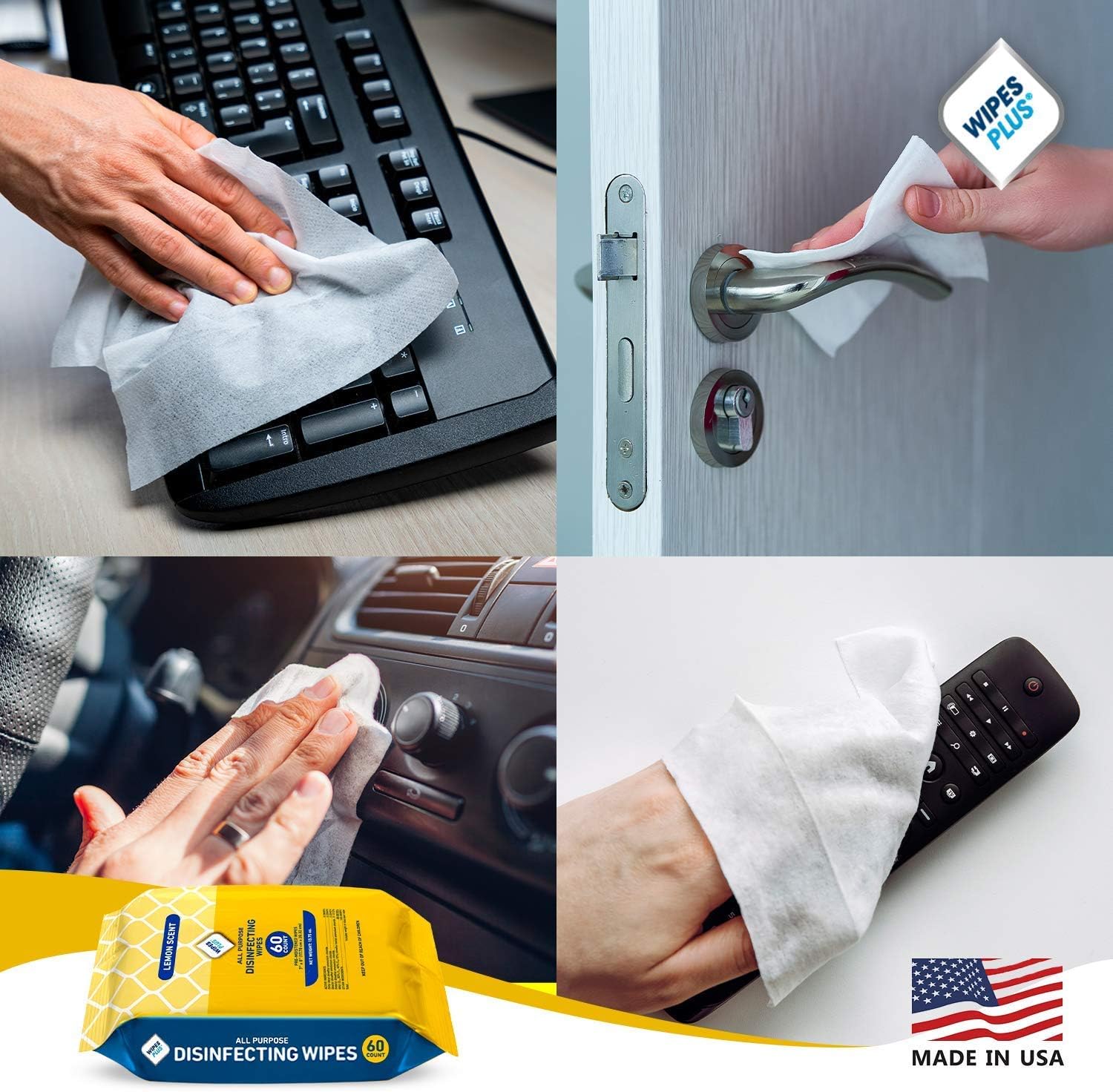 WipesPlus® All Purpose Disinfecting Wipes, 7" x 8", Lemon Scent, 80 Wipes/Packet, Lot of 12 : Health & Household