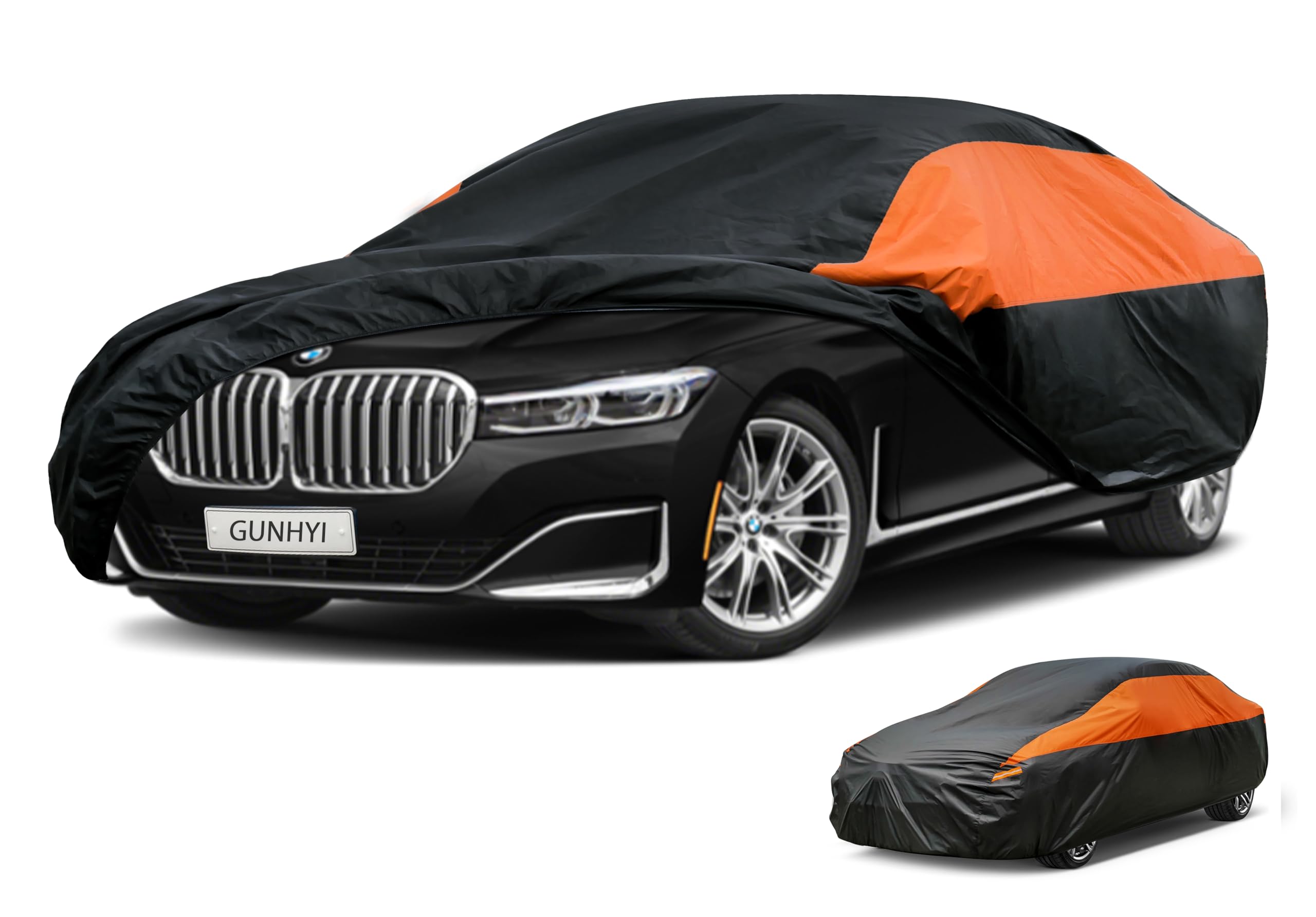 GUNHYI Waterproof Lightweight Sedan Full Car Cover Custom Fit 7 Series | All‑weather Outdoor sun/rain/dust/snow/wind/UV protection, breathable tear‑resistant fabric, black‑orange design,storage bag