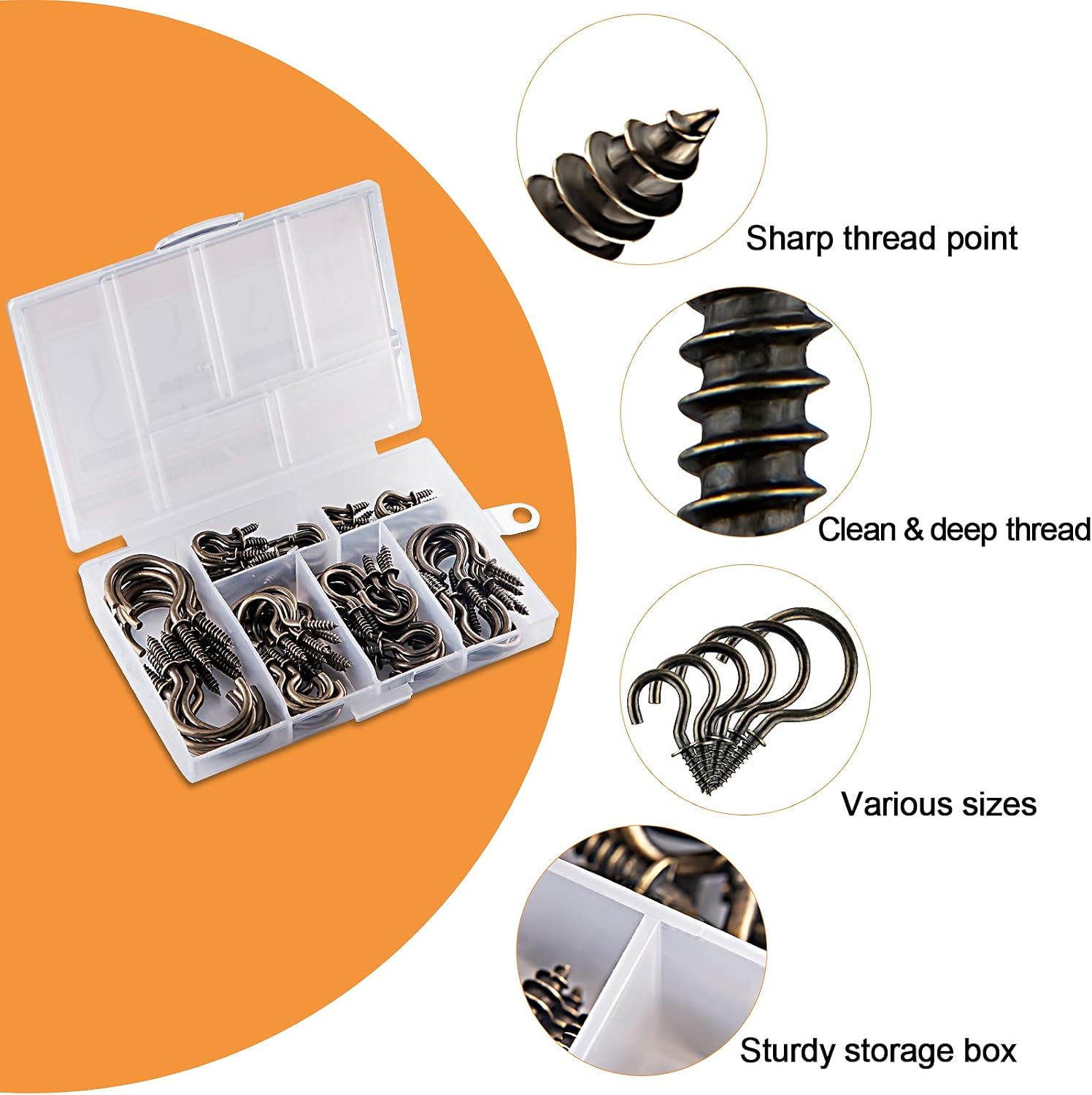 MTJSWXSY Cup Hooks Kit,Screw-in Cup Hooks Kit,6 Sizes Ceiling Hooks for Hanging, 110PCS Bronze Hanging Hooks (1-1/4", 1", 7/8", 5/8", 3/4", 1/2") (Bronze)