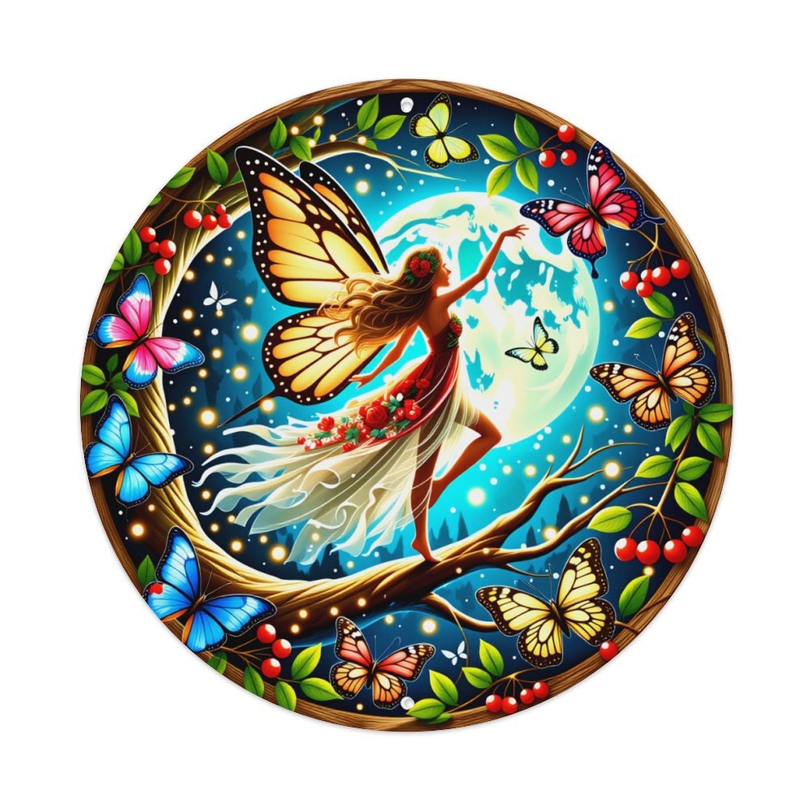Wmlzdnwr Vintage Fairy With Wings Butterflies Moon Night Flowers Leaves Round Tin Sign,Retro Wall Art,Metal Poster For Home, Bar, Garage, Cafe, Rustic Indoor & Outdoor Decor, 8X8 Inches