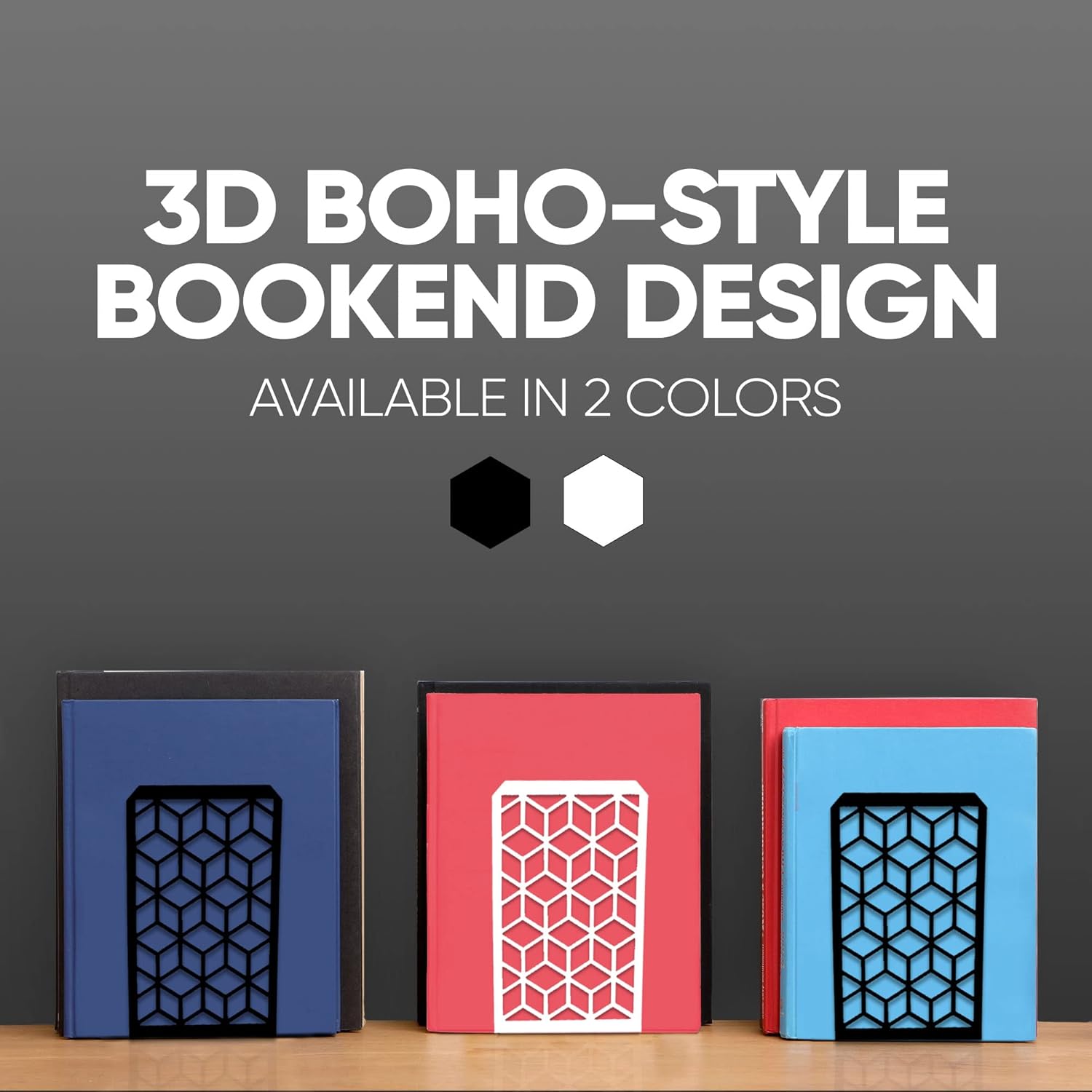 Geomod 3D Cube Black Metal Bookends Decorative for Heavy Books - Sturdy Boho Book Stops - Minimal Book Shelf Stopper - Durable Office Bookends - Weighted Metal Book Holders - 7x4.75 Inches - 2 Pair
