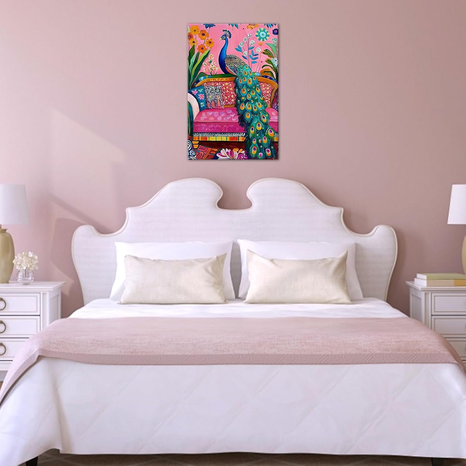 Colorful Animal Pictures Wall Decor Peacock Canvas Print Wall Art Pink Themed Pictures Elegant Animal Paintings for Living Room Bedroom Office Decor Framed(Animal-3,16.00" x 24.00")