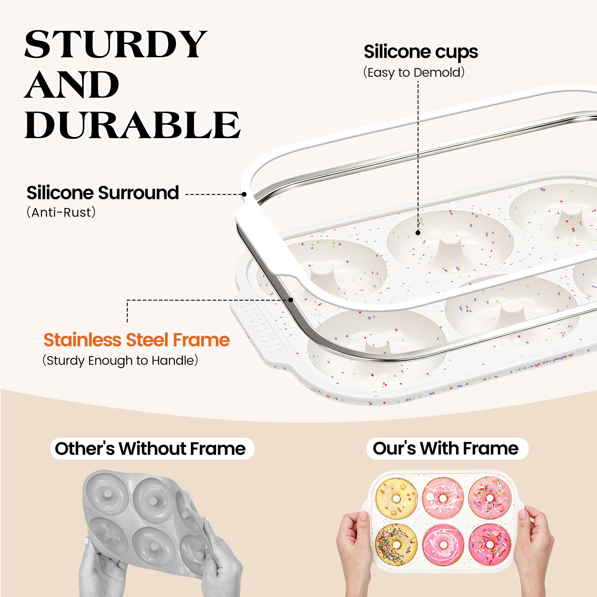 KASHME Lot de 3 moules à beignets en silicone pour la cuisson de beignets - 6 cavités - Antiadhésifs - 8,2 cm - Grand moule à bagel avec cadre renforcé en métal (crème)