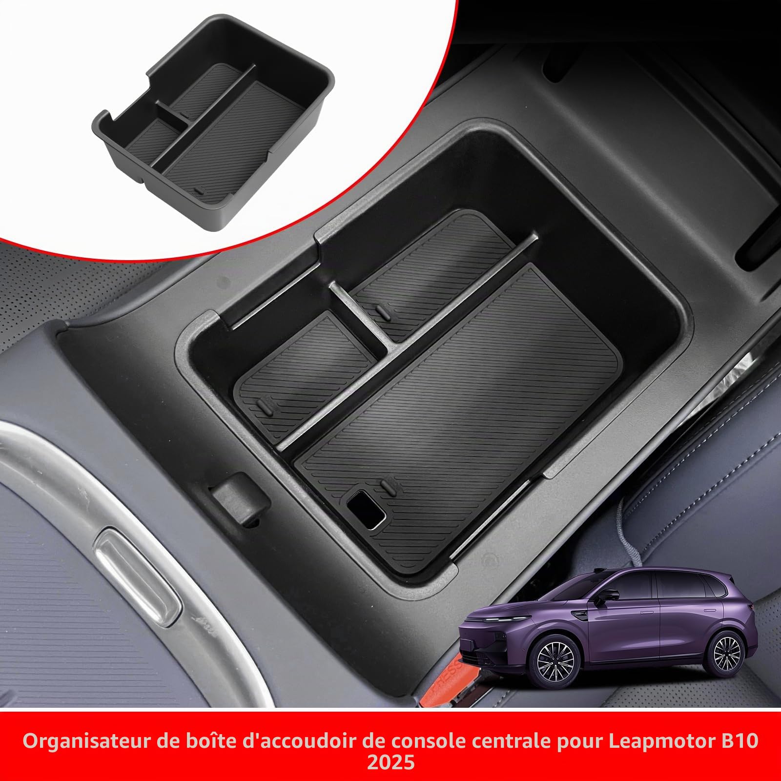 smabee Boîte d'accoudoir compatible avec Leapmotor B10 2025 2026 - Plateau de rangement pour voiture - Accessoires intérieurs ABS + PVC - Noir