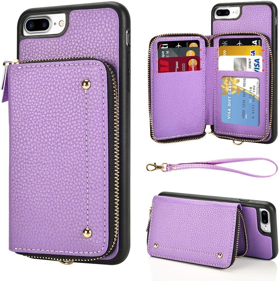LAMEEKU iPhone 8 Plus Wallet Case, iPhone 7 Plus Zipper Leather Case with Credit Cards Holder Slots Wrist Strap, Anti-Scratch Shock Absorption Cover for iPhone 7 Plus/8 Plus 5.5''-Light Purple