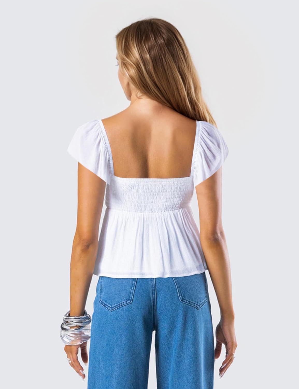 Womens Flowy Peplum Tank Tops Ruffle Sleeve Babydoll Tank Top Sweetheart Neck Smocked Back Short Sleeve Going Out Top White - Image 2