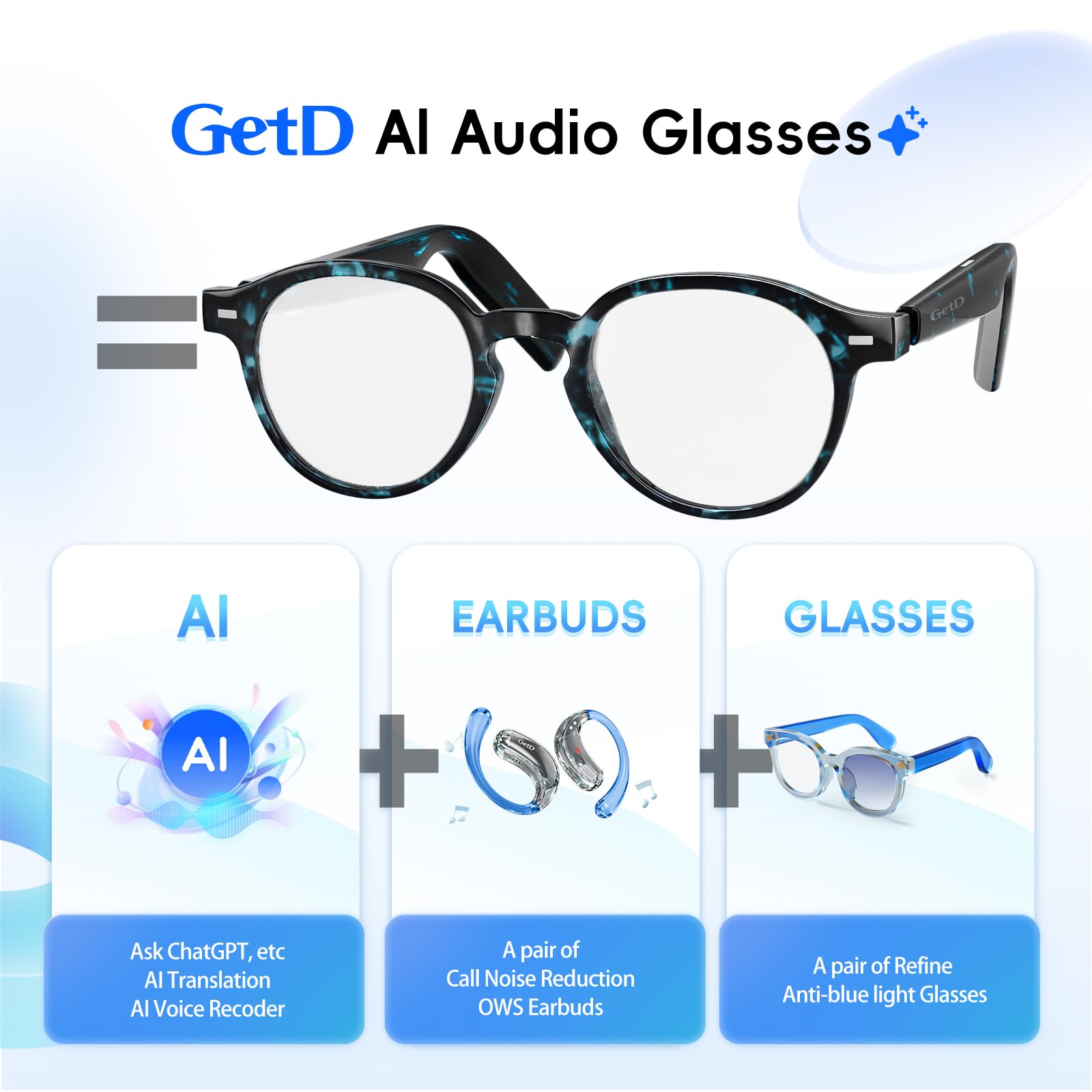 GetD Lunettes intelligentes, lunettes de soleil polarisées, lunettes de musique Bluetooth, batterie 11H pour homme/femme, écouteurs et lunettes 2 en 1 (GG24lite-C3)