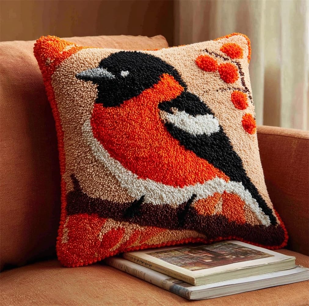 kitphoenix Latch Hook Cushion Kit -Oriole Pattern 17X17Inch, DIY Needlework Pillow Cover Cushion Rug Making Kit for Adults