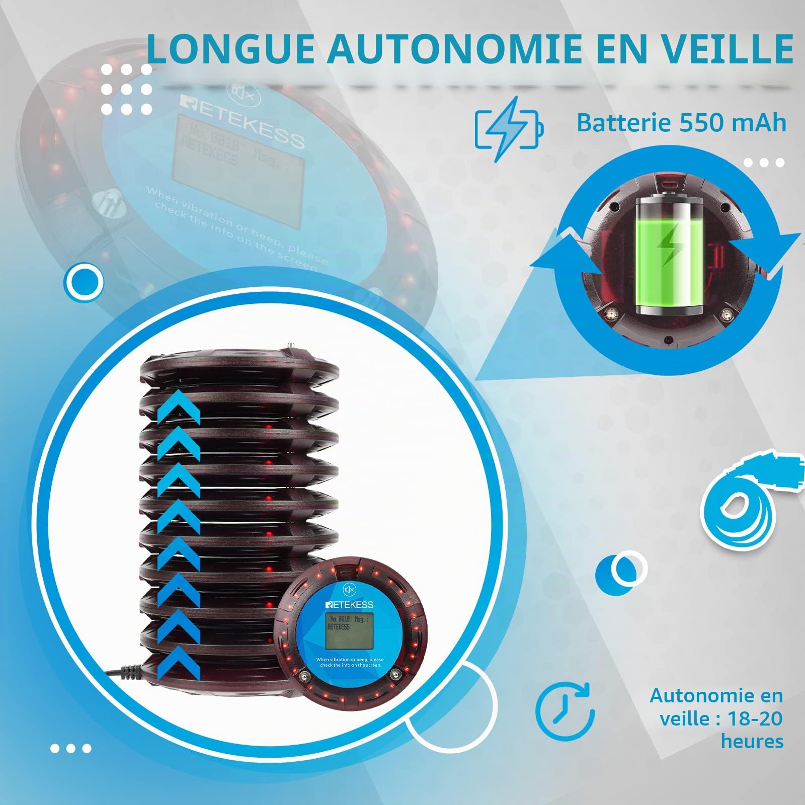 Retekess TD166 Bipeur Restaurant, 5000M Bipeur Logistique, 10 Bippers | pour Logistique, Quai, Usine, Grande Batterie de 550 mAh, Peut Envoyer des SMS, Se Connecte à Un Ordinateur et à Un Clavier