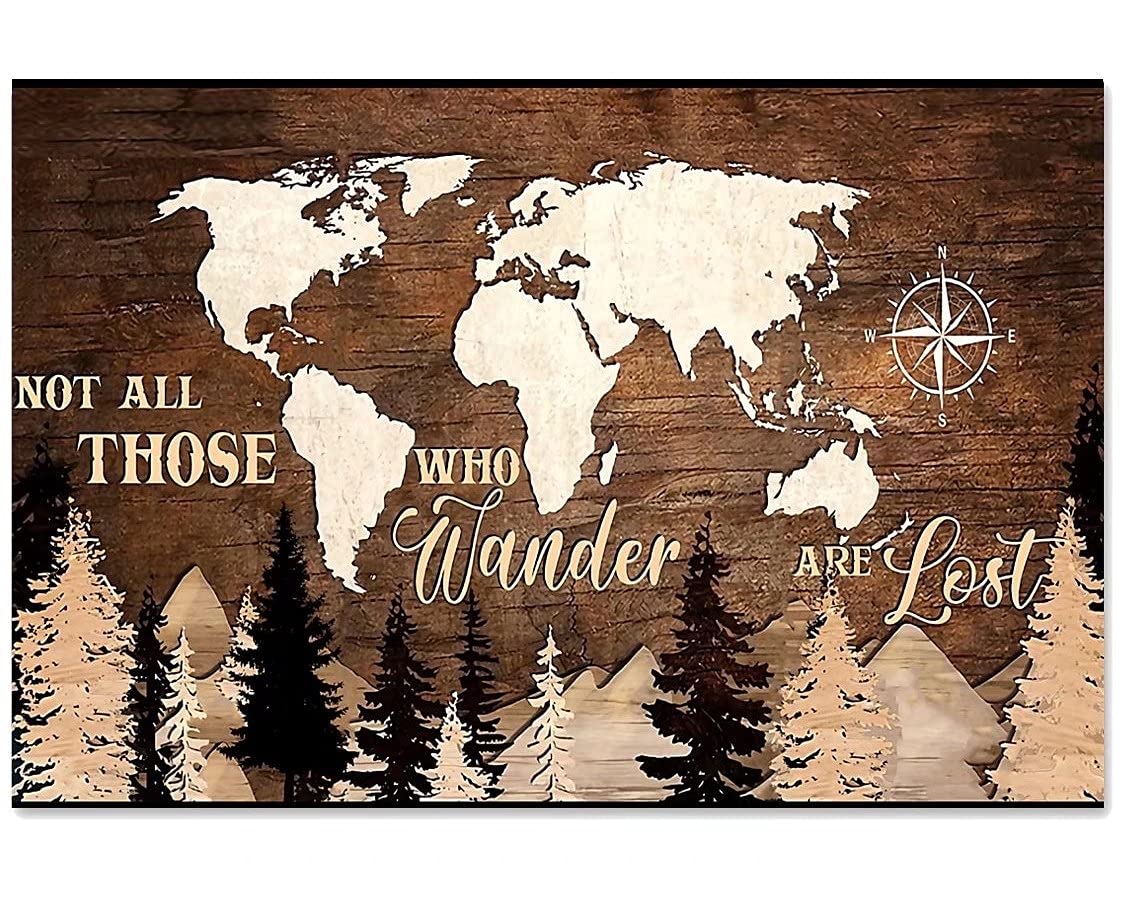 JINGYAMap Woods Metal Sign Not All Those Who Wander Are Lost Retro Country Wall Decor For Home Living Room Kitchen Bathroom Decoration 8x12 Inch