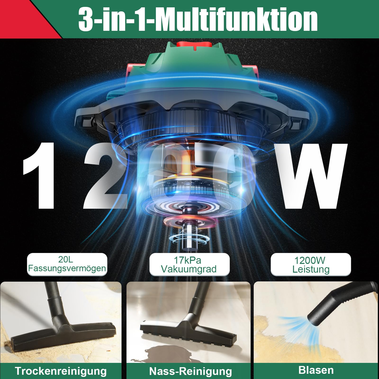 HYCHIKA Nass Trockensauger, 1200W Industriestaubsauger 20L Edelstahlbehälter, Nass- & Trockensauger Blasen, mit HEPA-Filter und Zubehör ideal für Industrie und Haushalt
