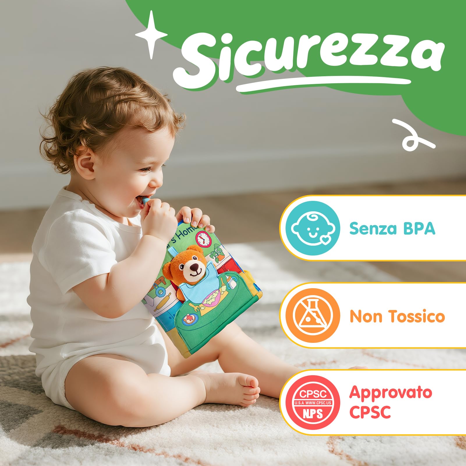 hahaland Libro Sensoriale Neonati 6-12 Mesi, 3 in 1 Morbidi Libro Montessori Interattivo con Specchio & Orsetti Rimovibili, Libri di Stoffa Giochi Tummy Time Neonato Giocattol 3 6 9 12 Mesi