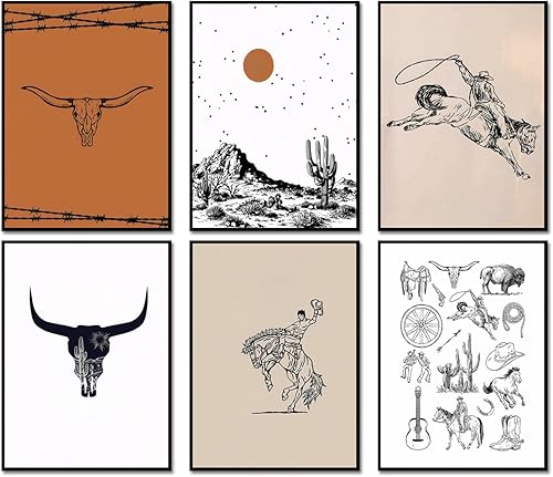 Juego de 6 pósteres vintage de vaquero occidental, arte de pared del suroeste de cuerno largo, calavera de toro, decoración de pared retro de