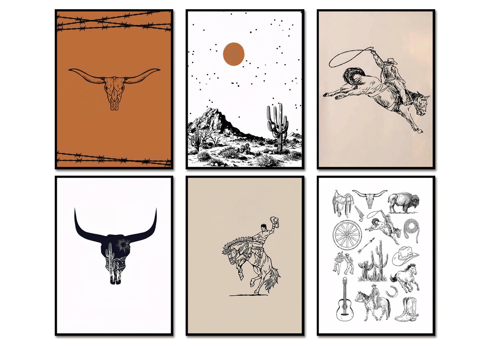 LMYSXAOZ Vintage Western Cowboy Poster Set of 6, Southwestern Wall Art Longhorn Bull Skull Decor Mid Century Retro Desert Canvas Painting Prints for Bedroom Living Room Dorm 8x10 inch Unframed