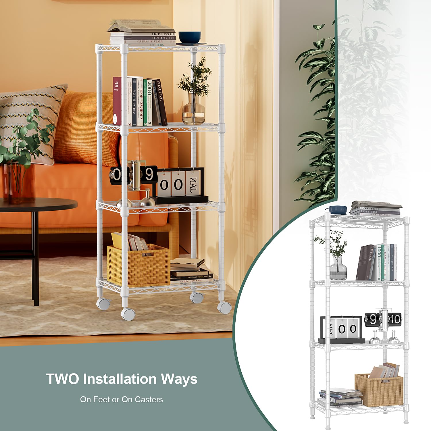 M MZG Estantería Metálica con Ruedas Bloqueables de 4 Niveles, Capacidad de Carga de 454 kg, Baldas Ajustables, para Garaje, Trastero, Lavandería y Cocina,Estudio, Blanco, 30 x 45 x 103,6 cm