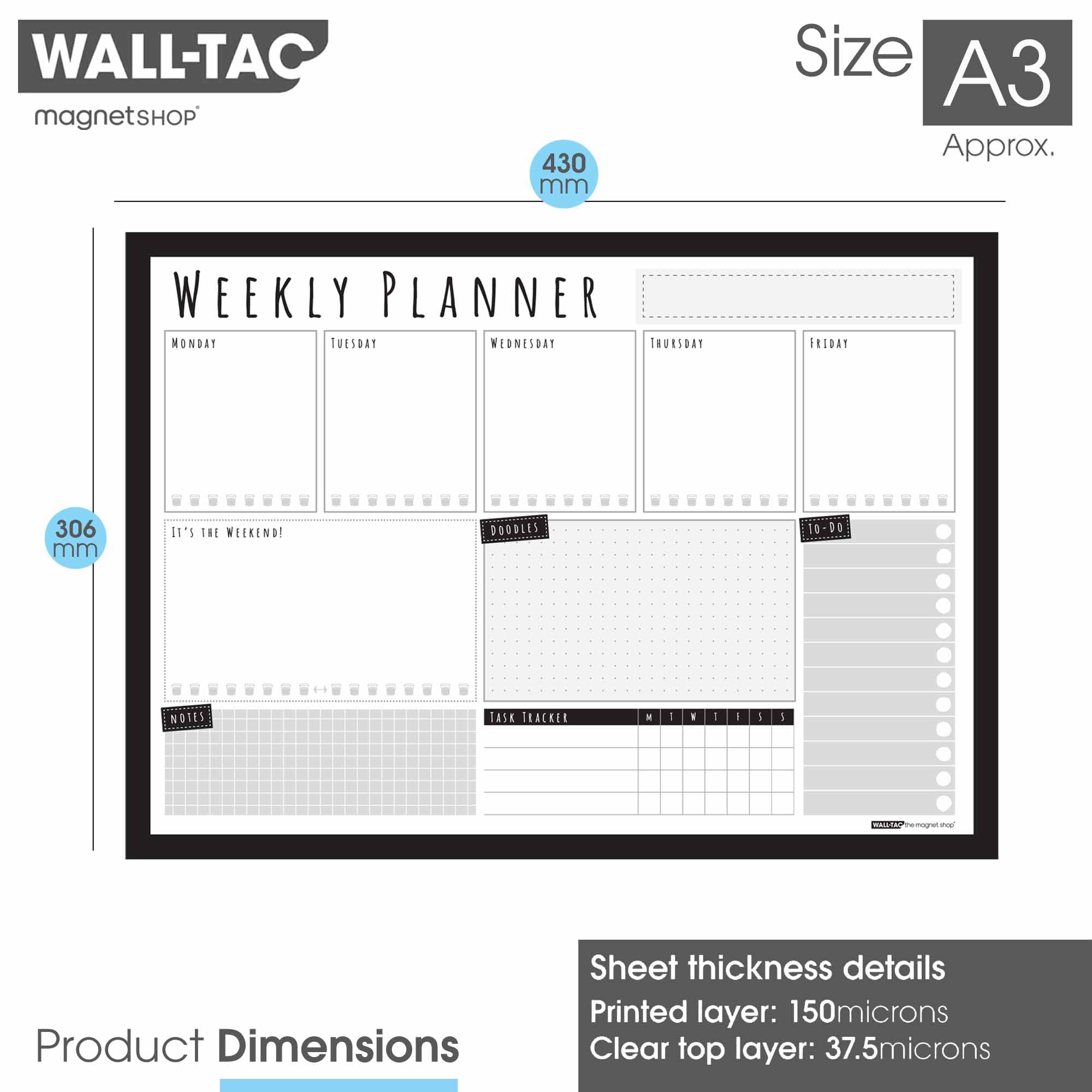 WallTAC Organizador semanal de pared (420 x 297 mm) | Pizarra blanca adhesiva y reutilizable | 4 rotuladores pizarra blanca y borrador incluidos