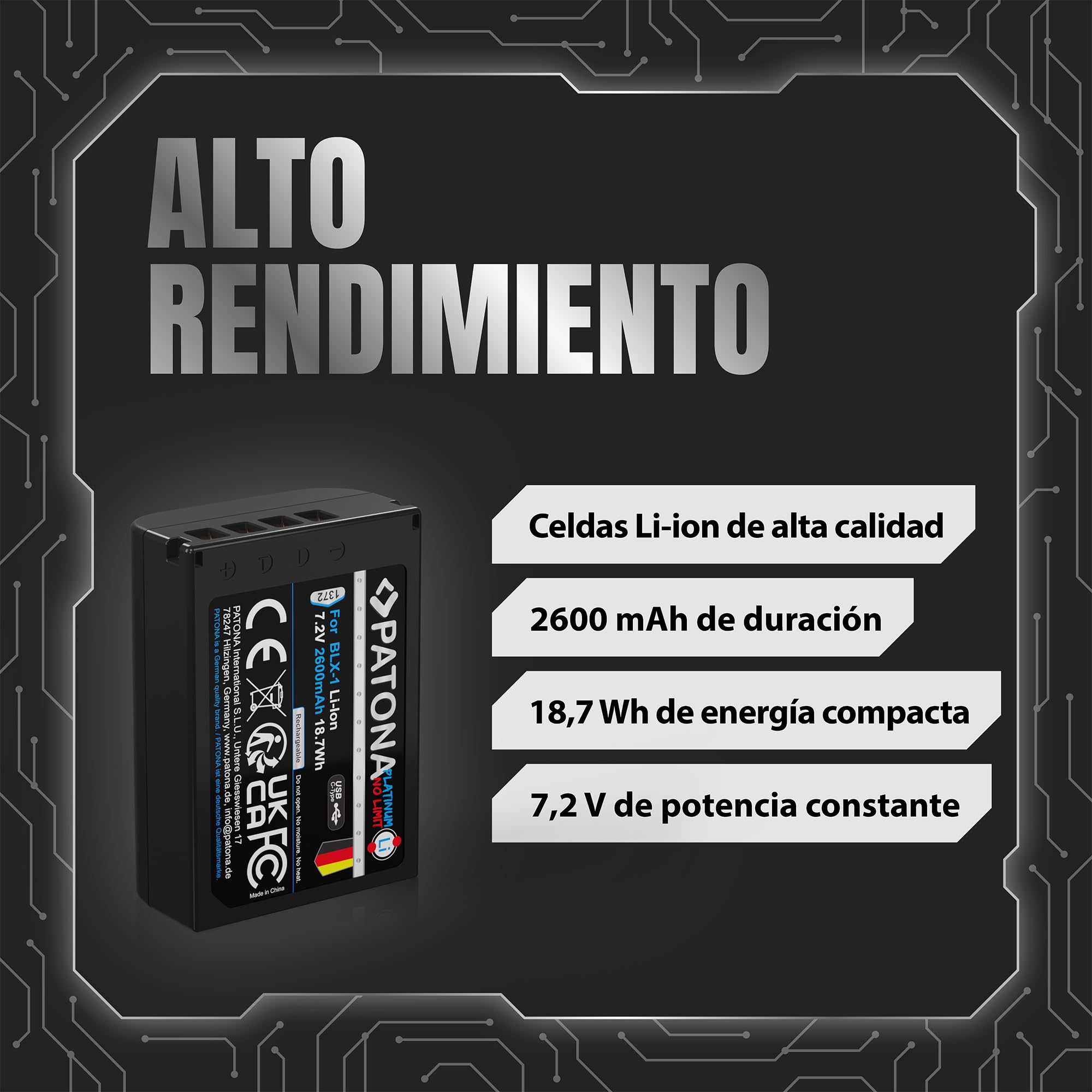 PATONA 2X USB-C Platinum Batería para Olympus BLX-1 BLX1 2600mAh | Batería para OM-1, OM1, OM-3, OM3 – con carga directa, con protección antisobrecarga y anticortocircuito