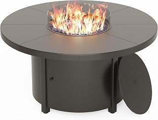 Kullavik 48" Round Propane Fire Pit Table - 55,000 BTU Auto-Ignition, Blue Fire Glass, Lid & Waterproof Cover for Patio
