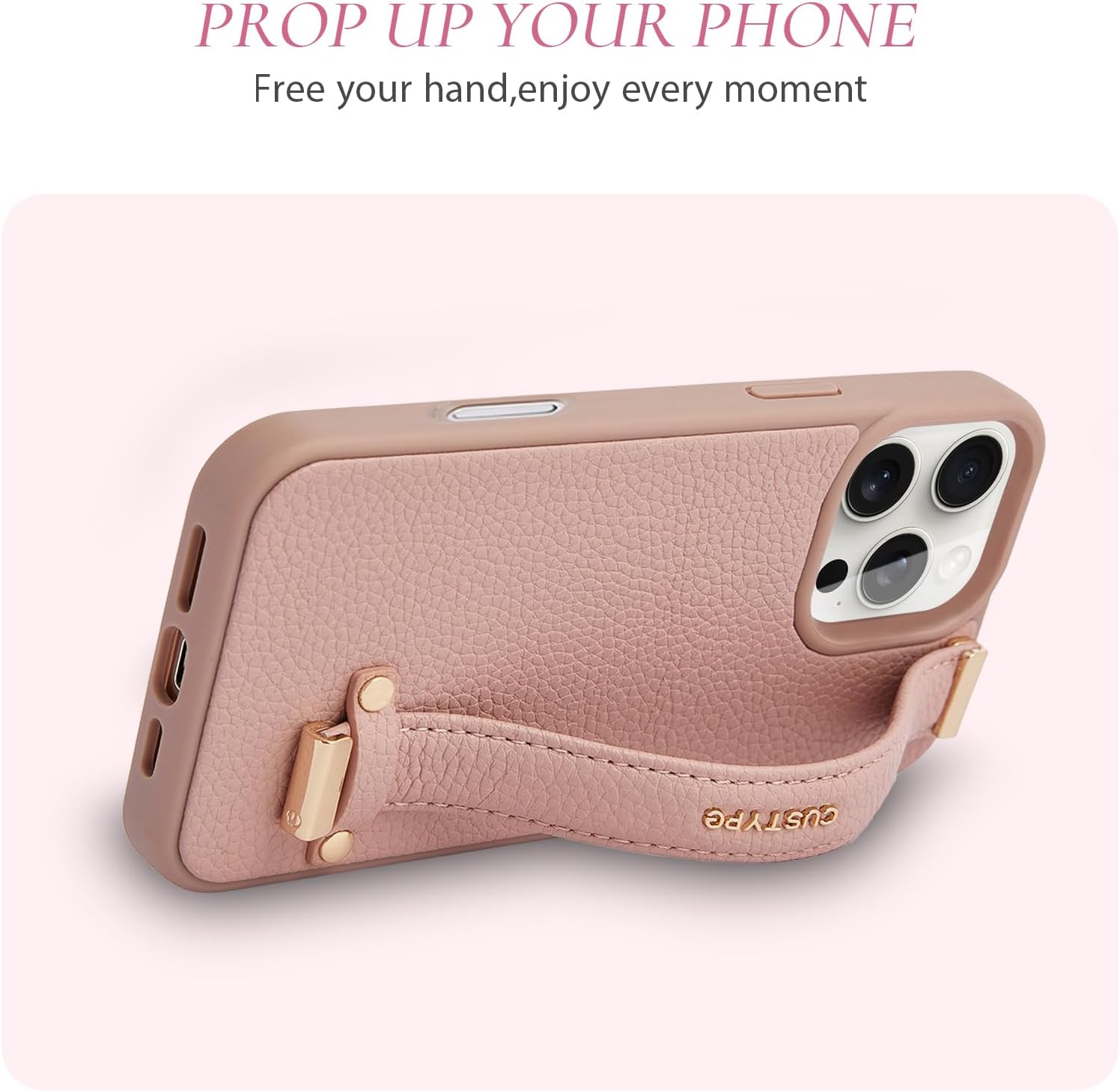 CUSTYPE Compatible with iPhone 16 Pro Case with Adjustable Wristband Strap Kickstand,handstrap Grip Loop Strap Leather Case for Women Girl for iPhone 16 Pro 6.3inch-Pink - Image 6