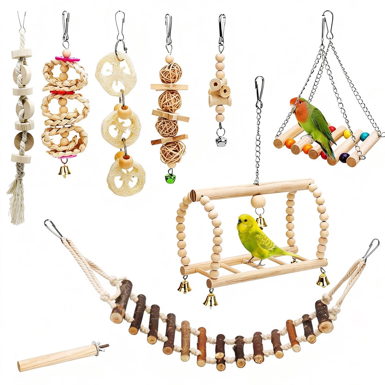 Bird Toys, 9 Pcs Bird Parrot Swing Chewing Toy with Standing Climbing Ladder Hanging Bell Wooden Swing, Hanging Cage Toys for Love Birds, Parakeet, Budgerigar, Finches, Cockatiel