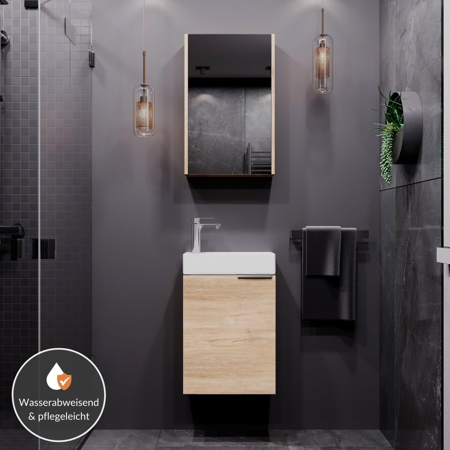 Planetmöbel Waschtischunterschrank mit Spiegelschrank Badmöbel Set 40cm für Badezimmer Gäste WC Sonoma Eiche