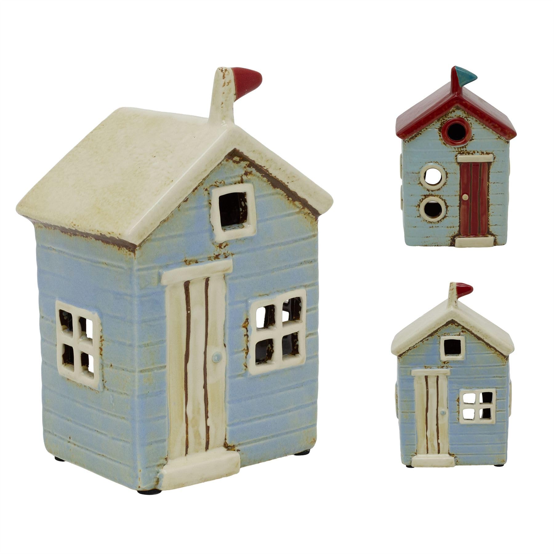 Carousel Home Colour Varies Beach Hut Tealight Holder | Ceramic Nautical Beach House Candle Holder With Distressed Finish For Coastal Home Decor - Design Varies
