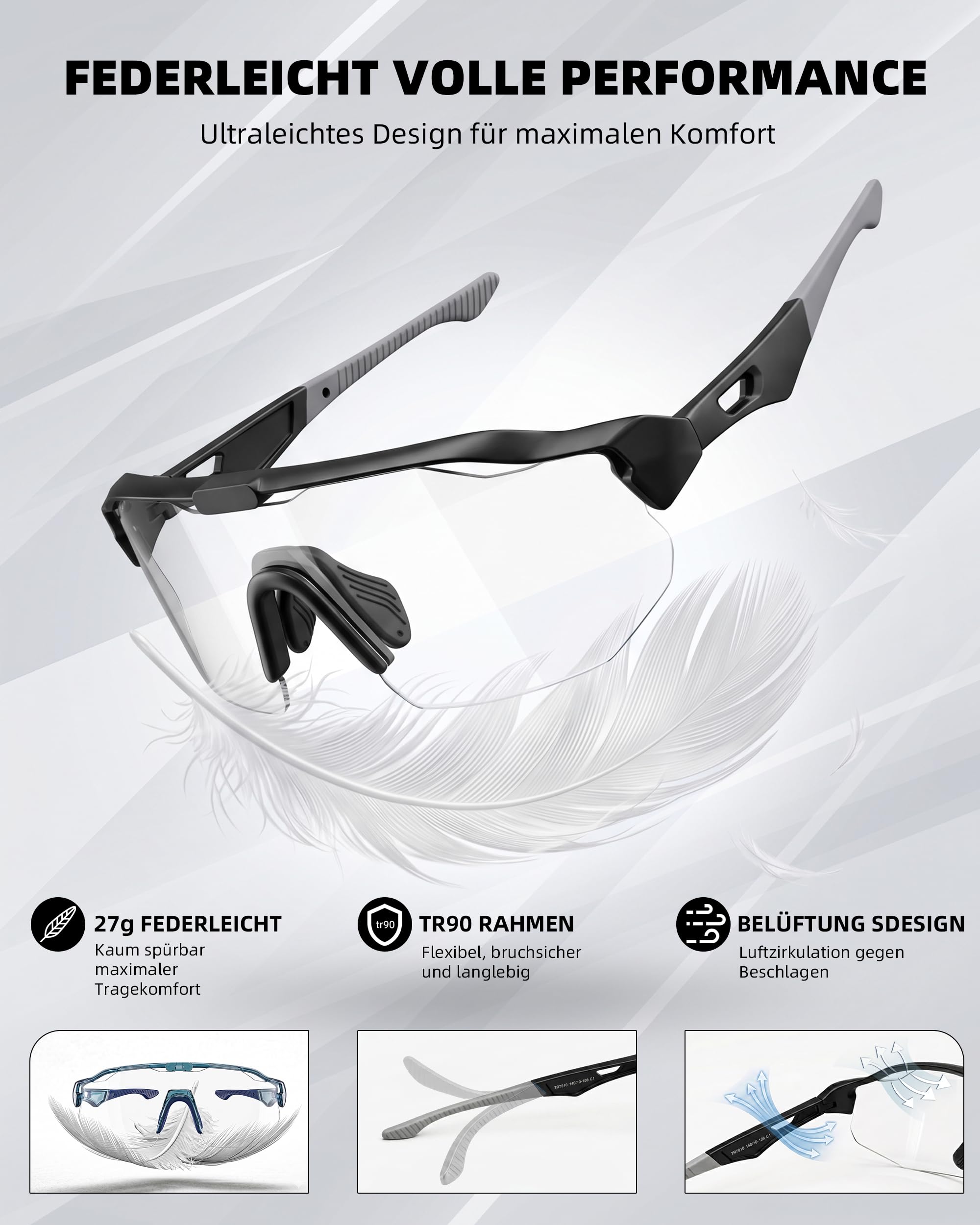 Fahrradbrille Herren Damen Selbsttönend, Photochrome Laufbrille UV400 mit Verstellbarem Nasenpad, 27g Leichte TR90 Sportbrille Sonnenbrille Schnelle Brille für Fahrrad, MTB, Outdoor