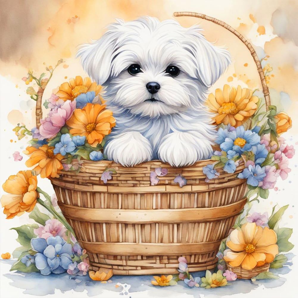 WSLWXSHM Diamond Painting Kits for Adults, Dog Round Full Drill Diamond Art Kits, 5D DIY Paint with Diamonds Crafts for Home Wall Decoration Gifts 12×12Inch Flower Basket