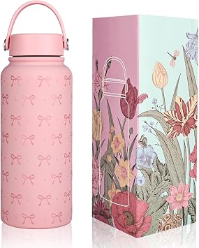 Pink Bow Water Bottle 1L 32oz, Thermosflasche, Insulated Water Bottle, Stainless Steel Cute Bow Kids Bottle, Sports Travel Tumbler for Women Girls, Ideal Birthday and Back to School Gift