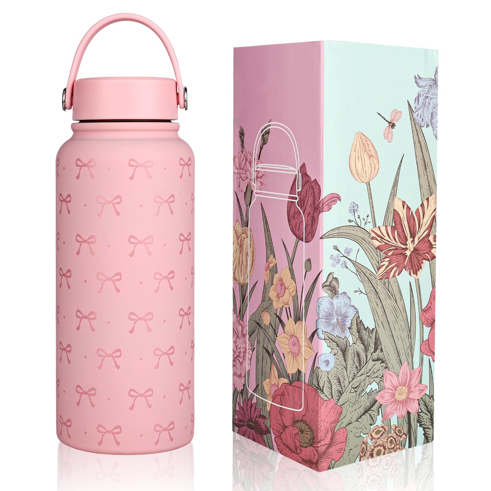 XCRPRT Pink Bow Water Bottle 1L (32oz), Thermosflasche, Insulated Water Bottle, Stainless Steel Cute Bow Kids Bottle, Sports Travel Tumbler for Women Girls, Ideal Birthday and Back to School Gift