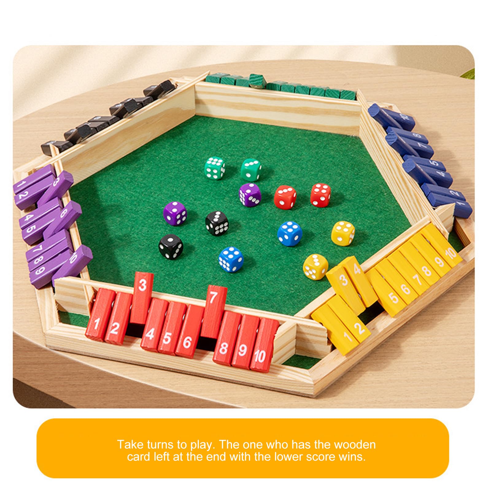 Gioco Chiudi Il Tavolo per 6 Giocatori, Set in Legno con Disegni Tradizionali, Pub, Gioco di Dadi Educativo per Famiglia, Bambini e Adulti - Multicolore - 3 Pezzi