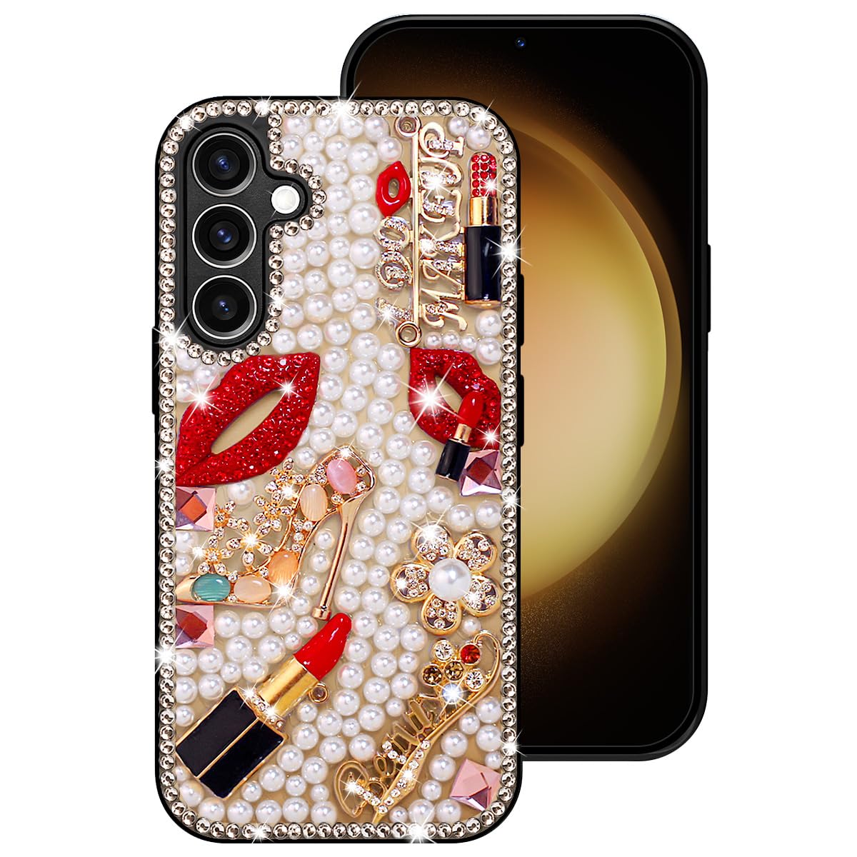 Erolagomat Bling Case for Samsung Galaxy S24 FE,Shiny Luxury Designer Phone Case with Glitter Sparkle Diamond Crystal Rhinestone Lips Lipstick Pearl