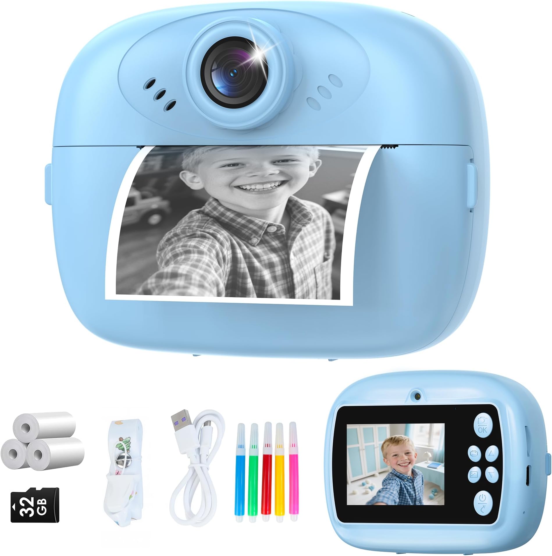 Kids Instant Print Camera,1080P Video Instant Camera for Kids with 32GB SD Card, Toy Camera Christmas Birthday Gift for Girls Boys Age 3 4 5 6 7 8 9 10, Christmas Stocking Stuffers,Blue