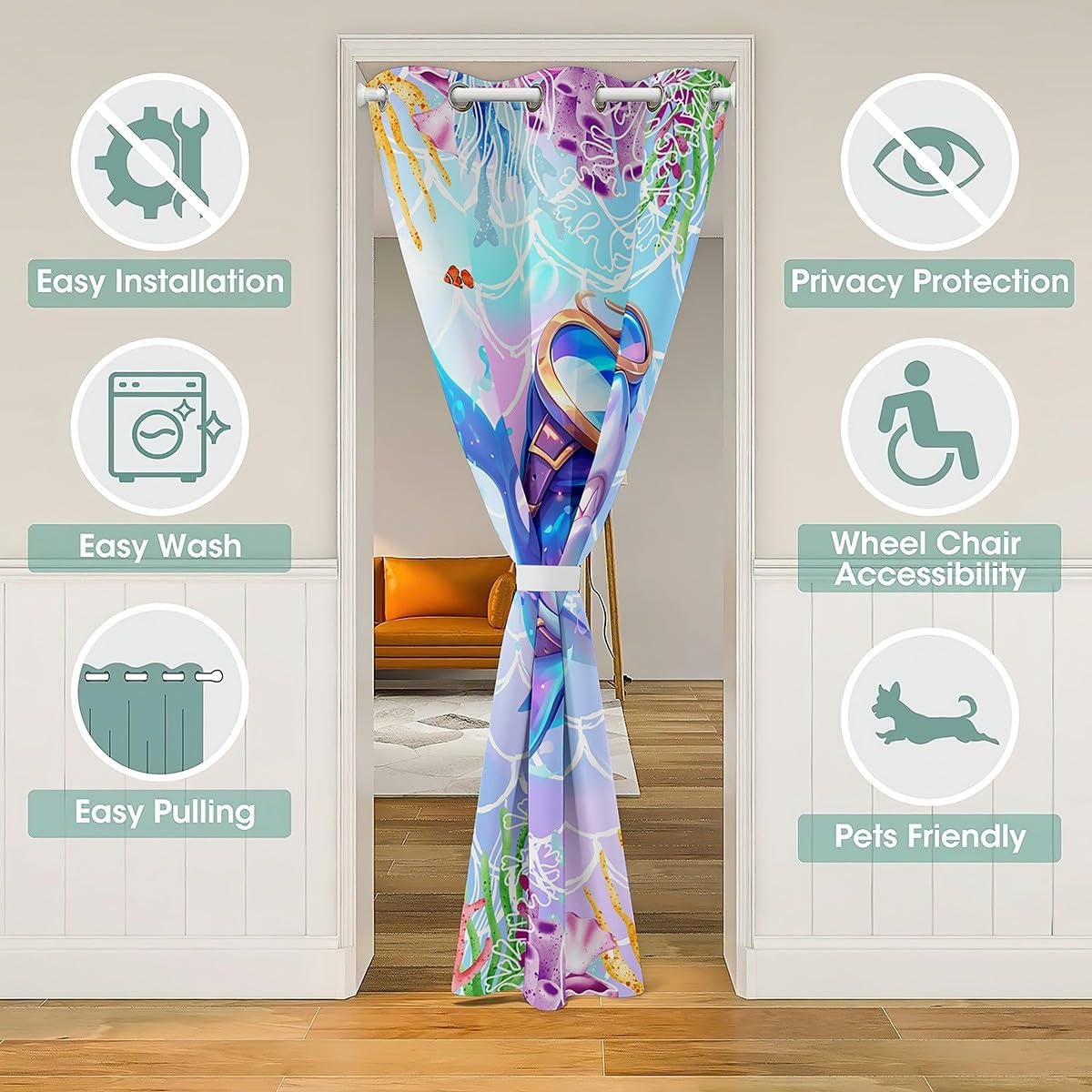3D Cartoon Shark Doorway Curtain Watercolor Tie Dye Marine Animal Door Curtain for Kids Boys Girls Teens Colorful Plants Seaweed Ocean Theme Curtain Drape for Bedroom Privacy 52" W X 84" L