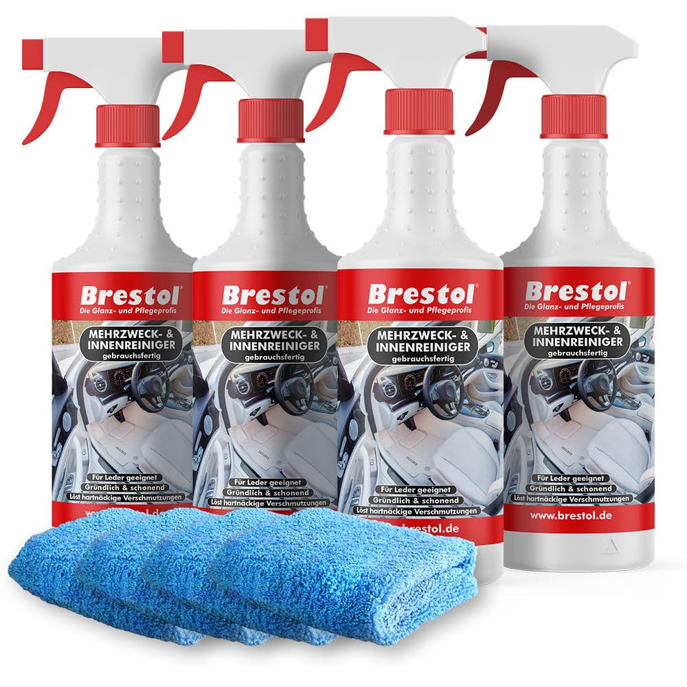 Brestol® Neutralreiniger gebrauchsfertig 4x750 ml - Vielseitige Reinigung für alle Oberflächen - Effektiv & sparsam – Ideal für die Autopflege - Cockpitreiniger, Mehrzweckreiniger + 4X MFT Poliertuch