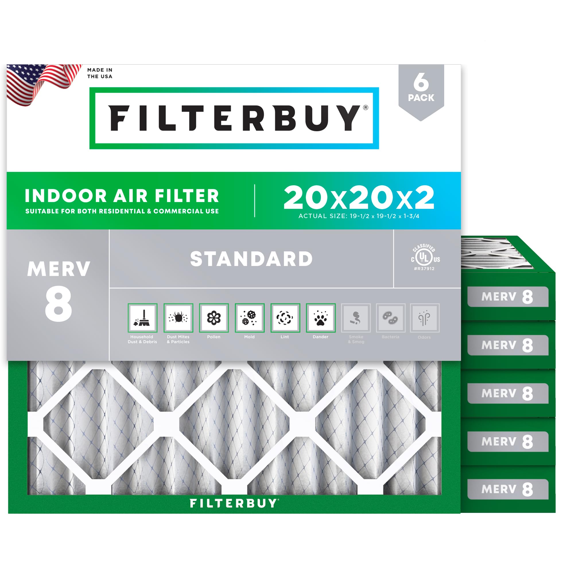 Filterbuy 20x20x2 Air Filter MERV 8 Dust & Allergy Defense (6-Pack) | Electrostatic Pleated HVAC AC Furnace Filters Replacement, Made in USA (Actual Size: 19.50 x 19.50 x 1.75)