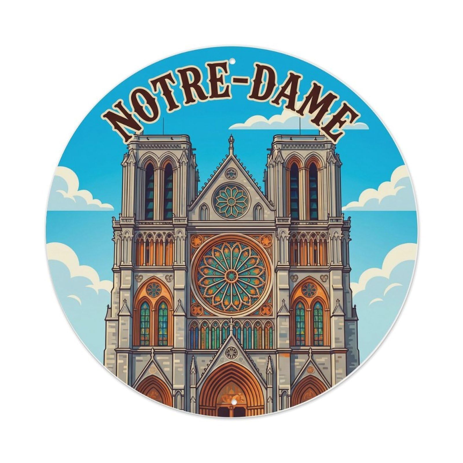 Vintage Travel Notre Dame Cathedral Metal Tin Sign Plaque Wall Decor for Cafe, Club Bar, Office, Home Garden Round Metal Poster 8x8Inch