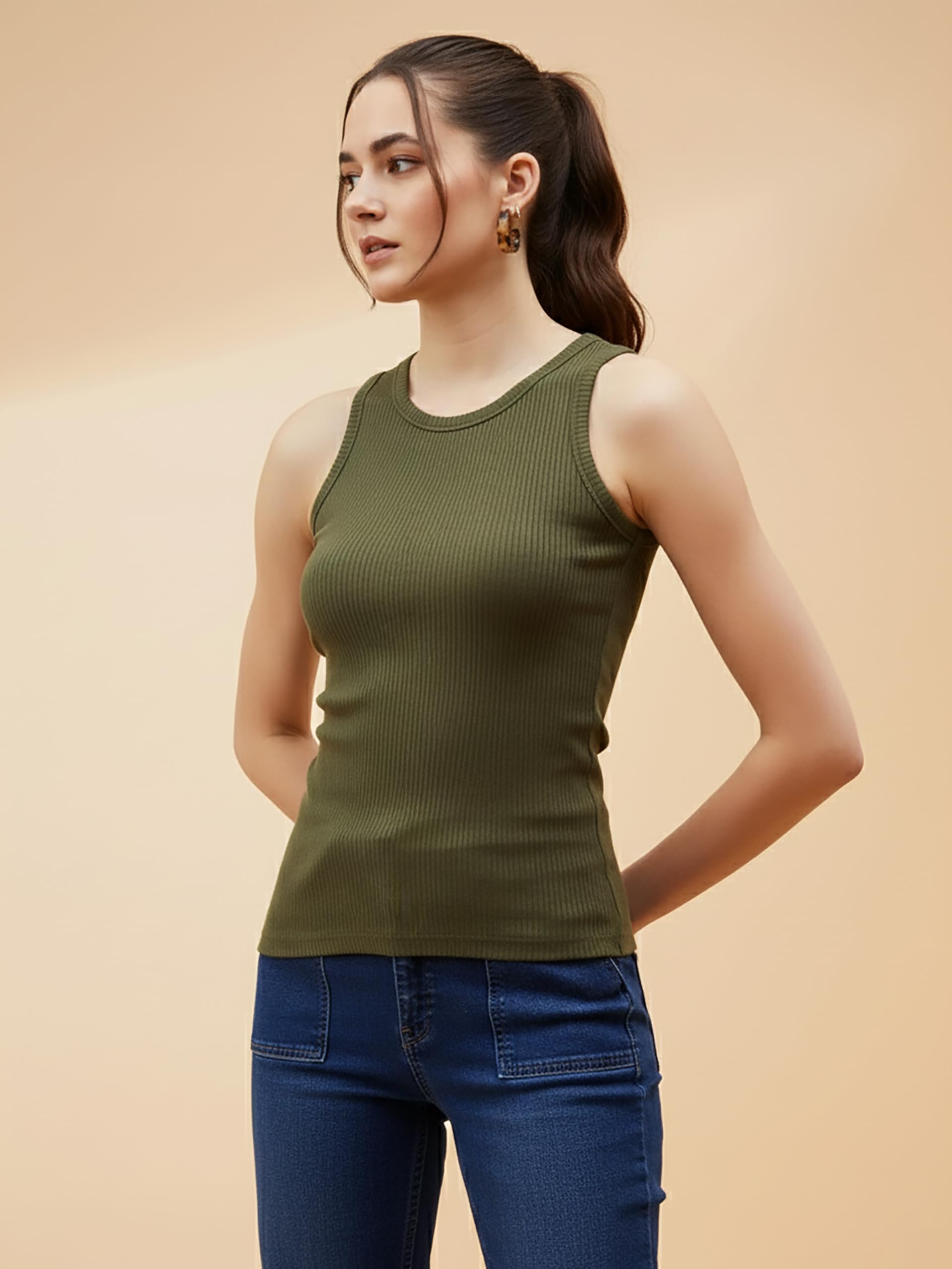 Glito Soft Cotton Premium Comfort Ribbed Slim Fit Tank Top for Women - Olive Green | Crew Neck | Sleeveless | Tank Tops for Women | Women's Top | Ideal for Daily & Casual Wear - Image 4 thumbnail