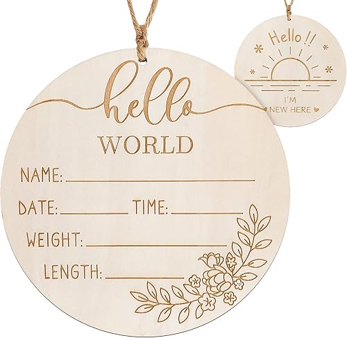 ZIEYOMI Letrero de anuncio de bebé, letrero de madera con nombre de bebé para guardería, letrero de recién nacido de Hello World, letrero de anuncio