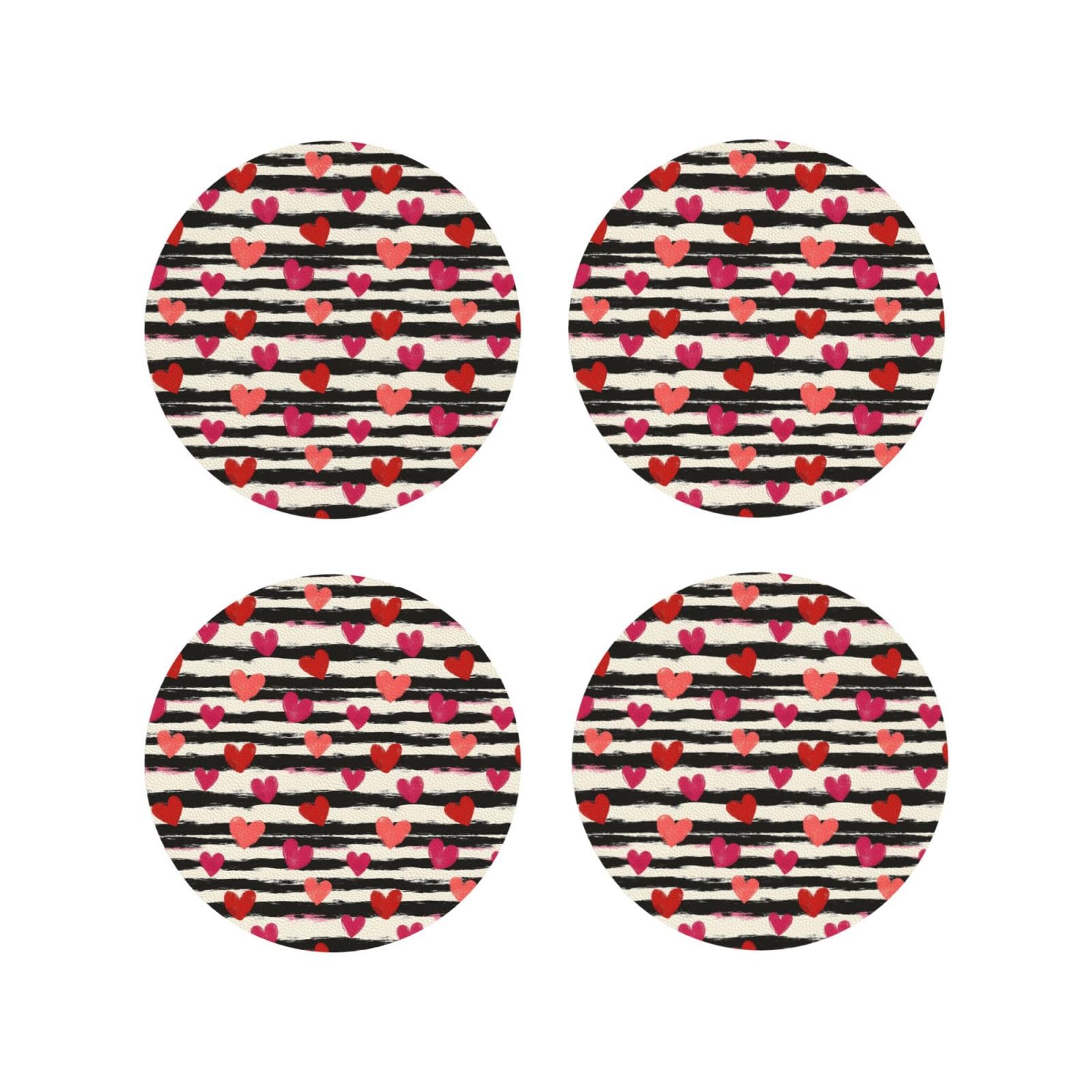 Leather Coasters Set of 4 - Black White Striped Love Print Lightweight Drink Coasters for Desk