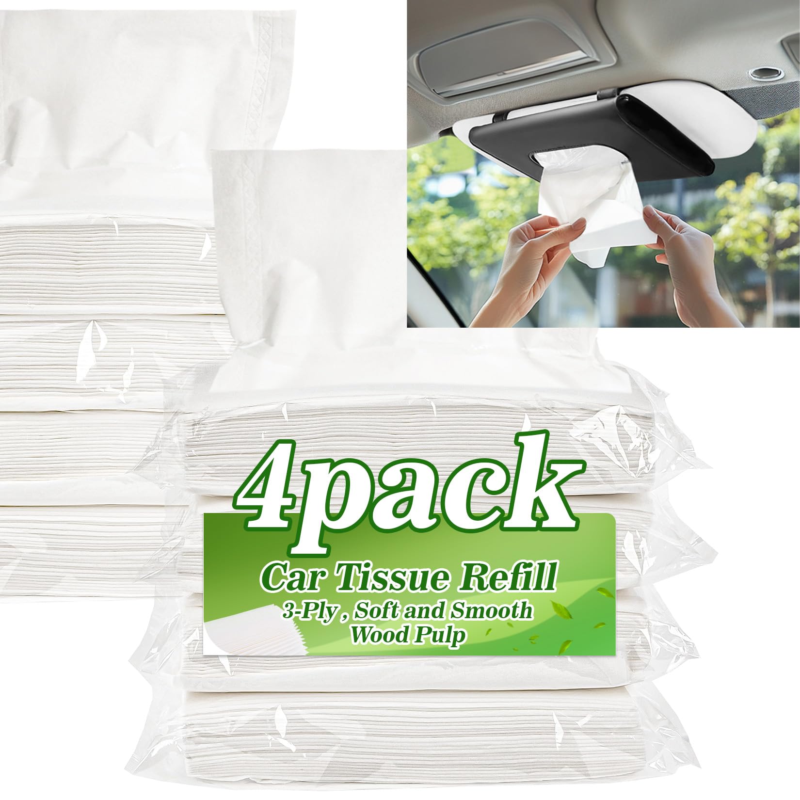 RAINFLOW 4 Packs 200 Car Tissues - Car Tissue Refill 3-Ply 50 Sheets Fit for Visor Napkins Holder Long-Lasting Travel Ultra-Soft and Smooth Gift for