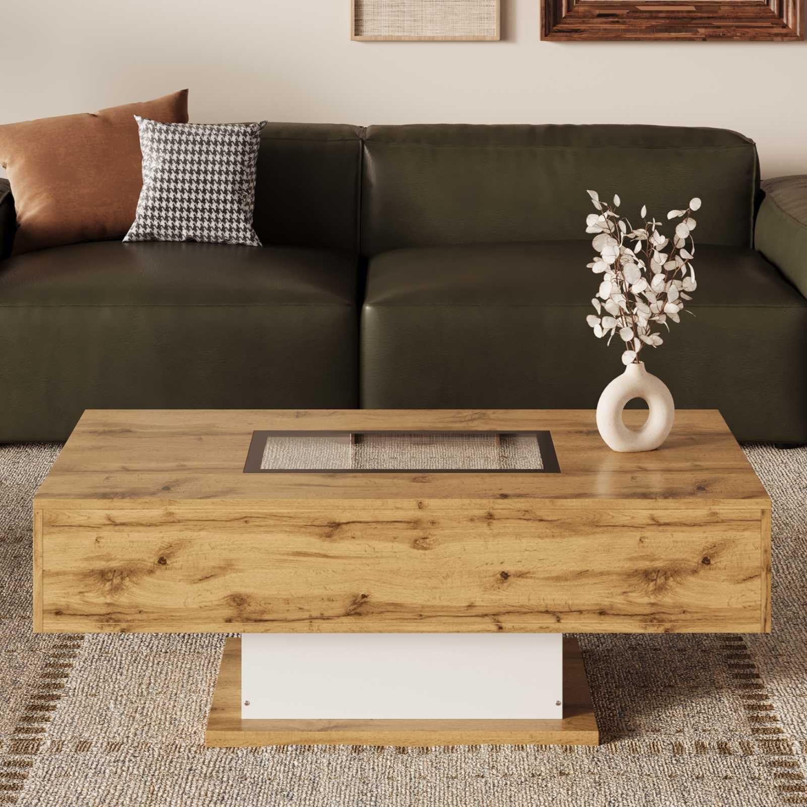 KOMHTOM Table Basse avec LED Table Basse Coffre avec 2 tiroirs et 1 Compartiment de Rangement Ouvert, Table d'appoint avec Plateau en Verre Meubles de Salon Modernes (A)