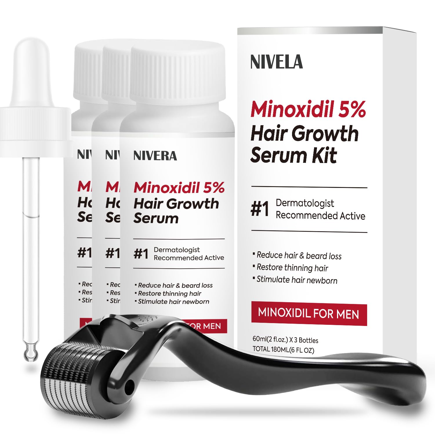 NIVELA 5 Minoxidil for Men Hair Growth 3 x 60ml Bottles Extra Strength Beard Growth kit - Rapid