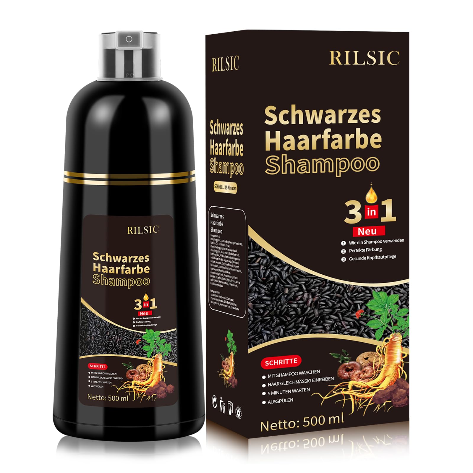 Haarfärbeshampoo - 500 ml Schwarzes Haarfärbemittel, Schwarze Hair Dye Shampoo 3 in 1 für graues Haar und Bart, Färbeshampoo für Männer und Frauen（#04）