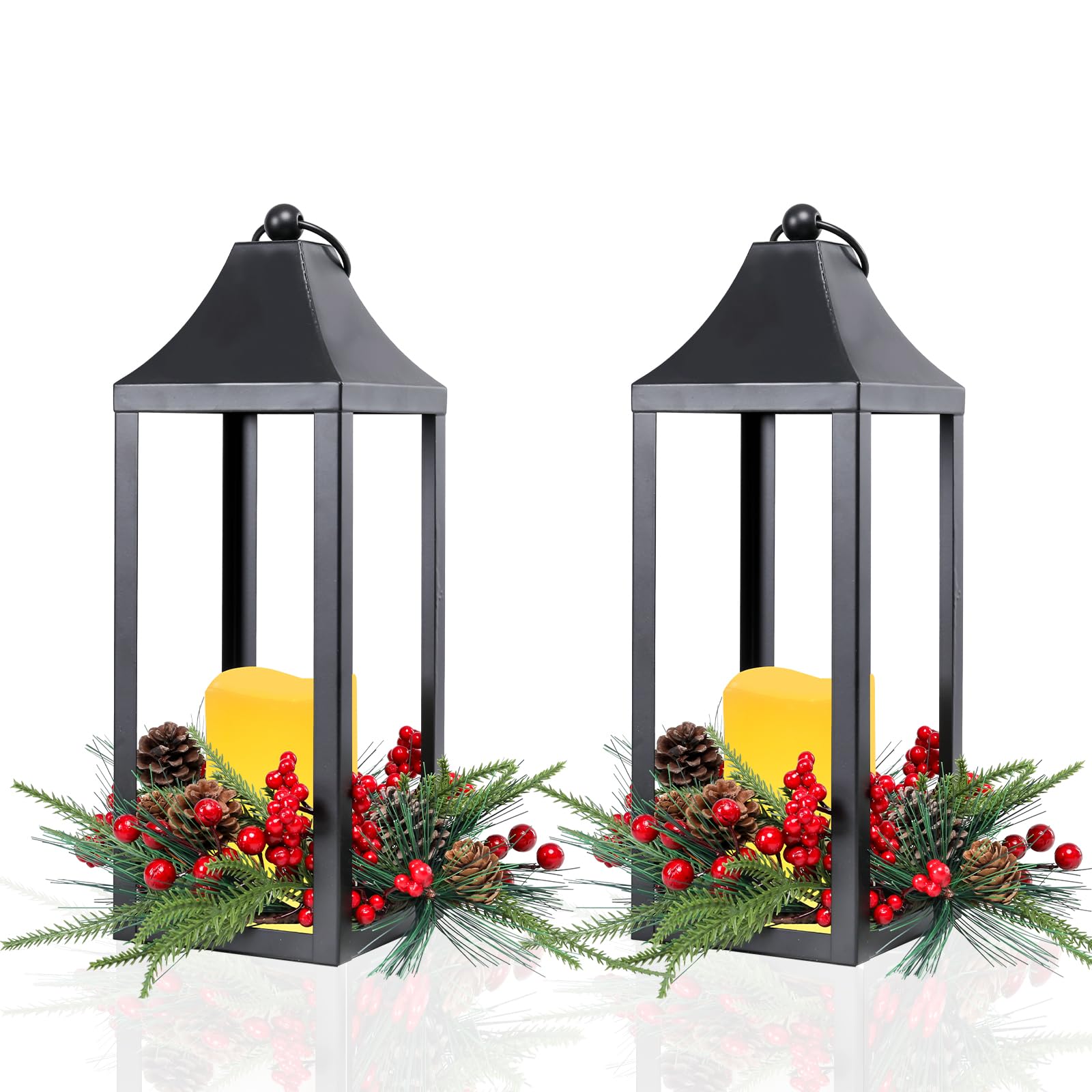 Lot de 2 lanternes de Noël décoratives pour intérieur, extérieur, 40,6 cm, lanternes à bougie décoratives sans flamme avec pommes de pin et baies pour centres de table, maison, porche