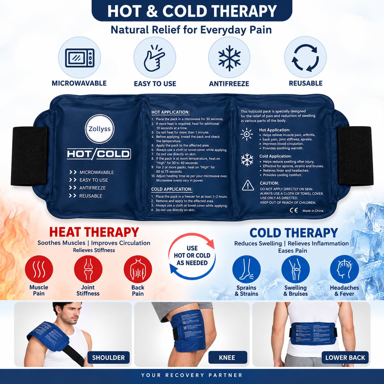 Zollyss Reusable Hot & Cold Gel Pack with Adjustable Strap for Pain Relief, Flexible Ice Pack for Shoulder, Knee, Back, Neck & Sports Recovery, Microwaveable & Freezer Safe – Navy Blue — Amazon image 2